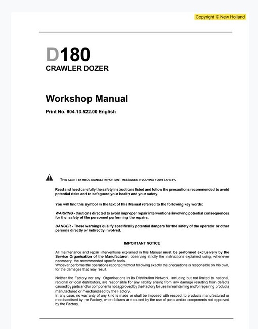 New Holland D180 CRAWLER DOZER Workshop Manual