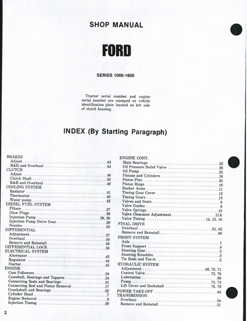 Ford Tractor 1000 - 1600 Series Service Shop Manual