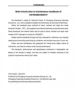 Hisun 500-700 ATV Maintenance Service Manual